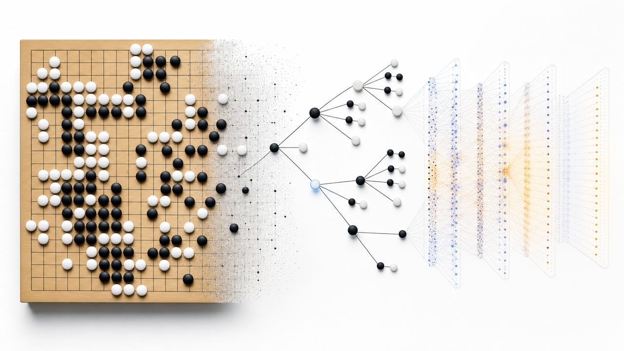 Go board dissolving into search and neural networks