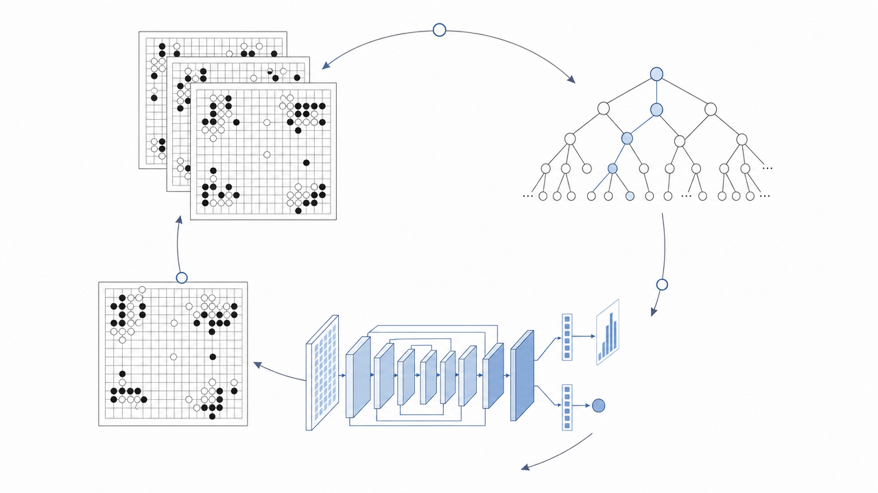 MCTS labeling loop with Go boards, search, and neural network
